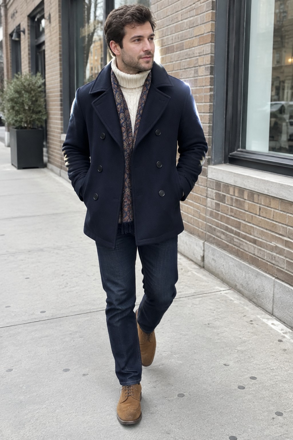 A man wearing a navy double-breasted peacoat over a cream turtleneck and patterned scarf, with dark jeans and tan brogue boots.