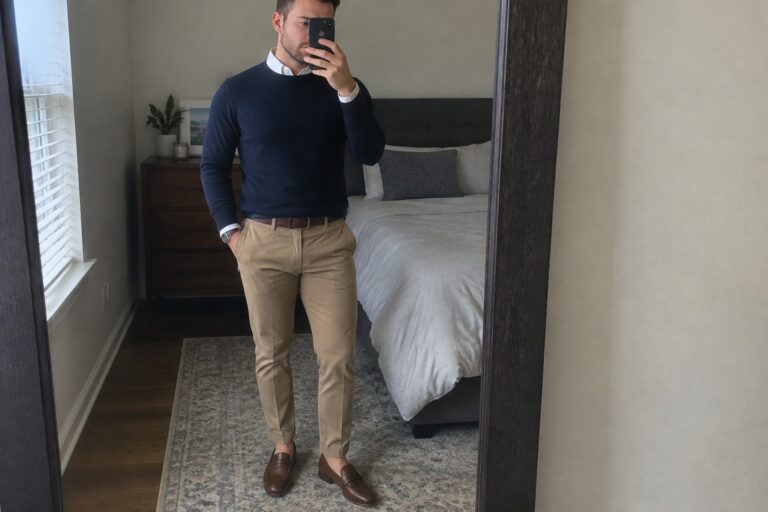 19 Classic Old Money Outfits for Men Featuring Navy Sweaters Man wearing a navy crewneck sweater over a white button-down shirt, khaki chinos, a brown leather belt, and brown penny loafers.