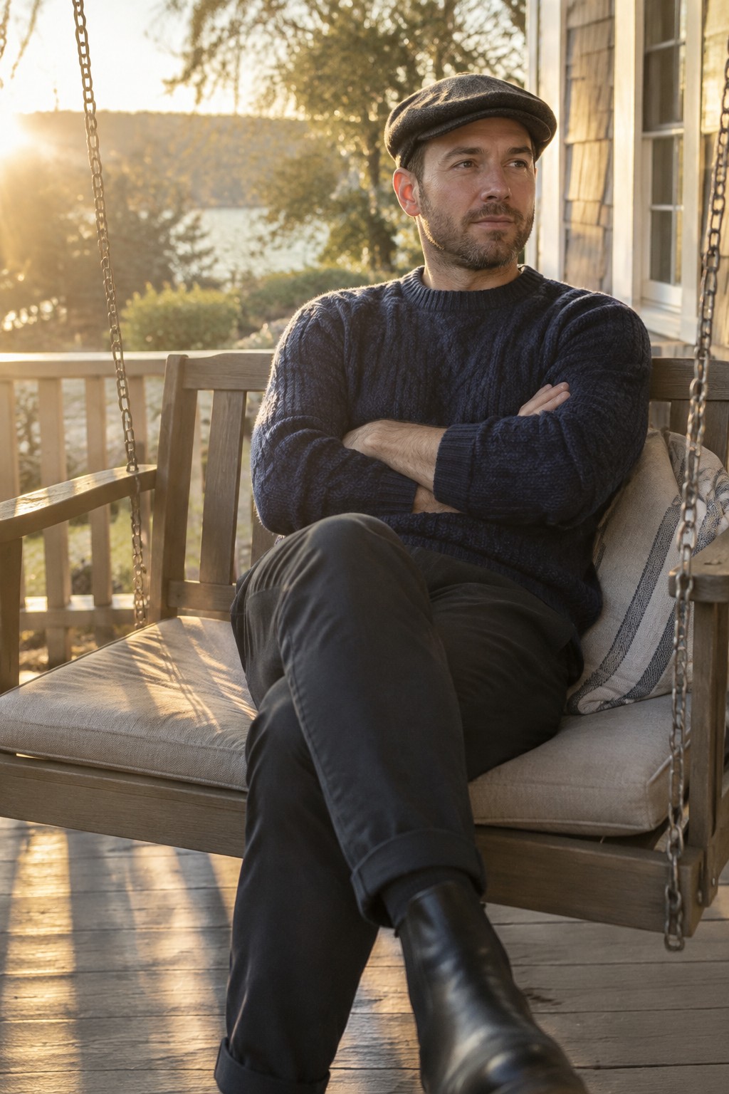 A man wearing a navy cable-knit sweater, dark cuffed trousers, black leather boots, and a dark flat cap while seated on a wooden swing bench.