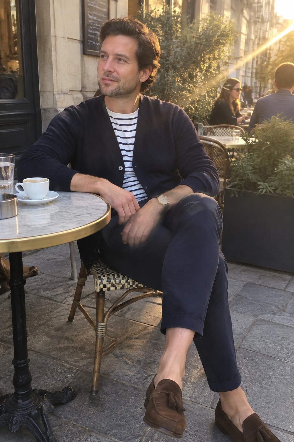 A man wearing a navy cardigan over a white and navy striped shirt, navy cropped trousers, brown suede loafers, and a simple watch.