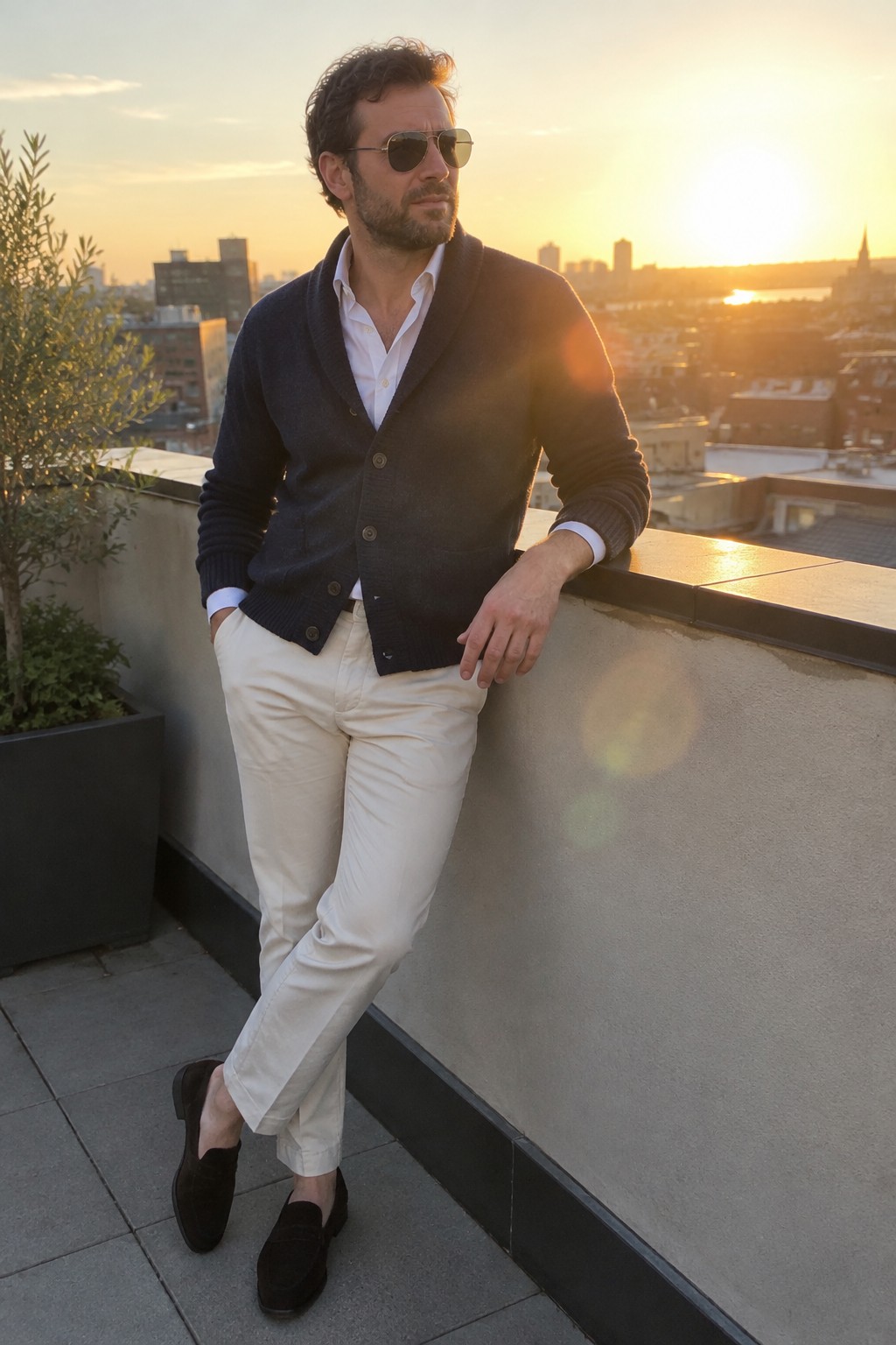 A man wearing a navy shawl-collar cardigan over a white shirt, cream trousers, dark suede loafers, and aviator sunglasses.