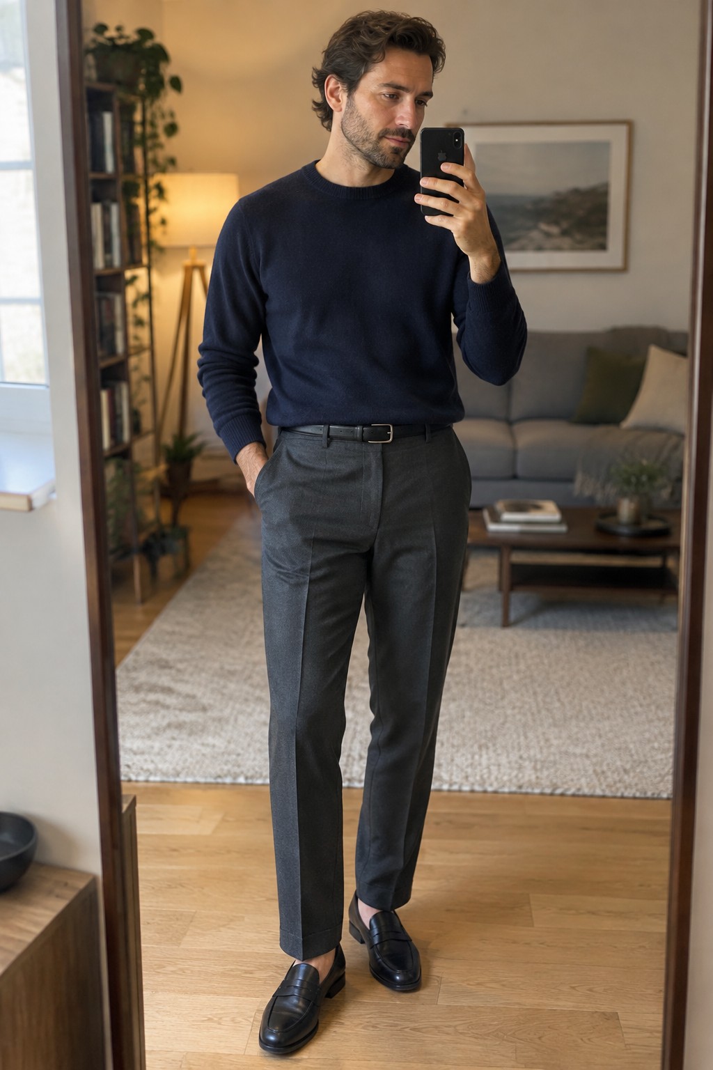 Man wearing a navy crewneck sweater tucked into charcoal gray tailored trousers with a black belt and black leather loafers.