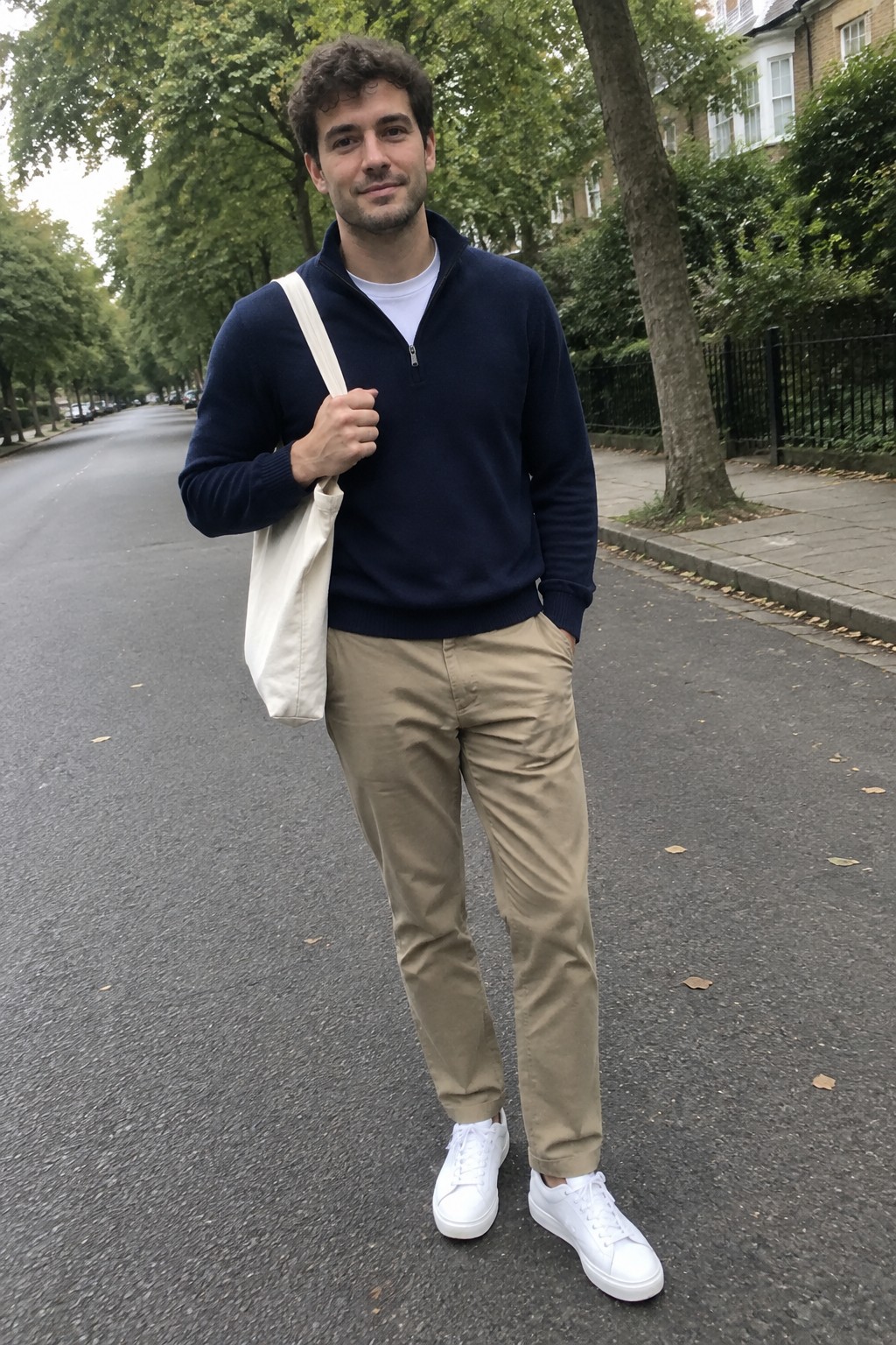 A man wearing a navy quarter-zip sweater over a white T-shirt, khaki chinos, white sneakers, and an off-white canvas tote bag.