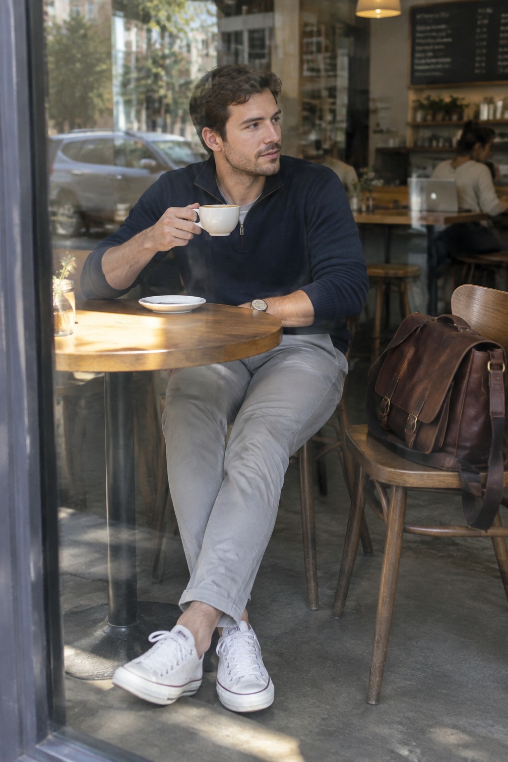 A man wearing a navy quarter-zip sweater over a light gray shirt, light gray trousers, white sneakers, and a watch.
