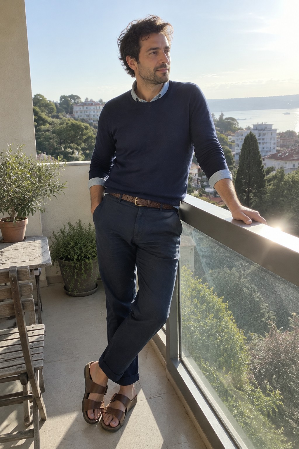 A man wears a navy crew-neck sweater over a pale blue button-down shirt, dark cuffed trousers, a brown woven belt, and brown leather sandals.