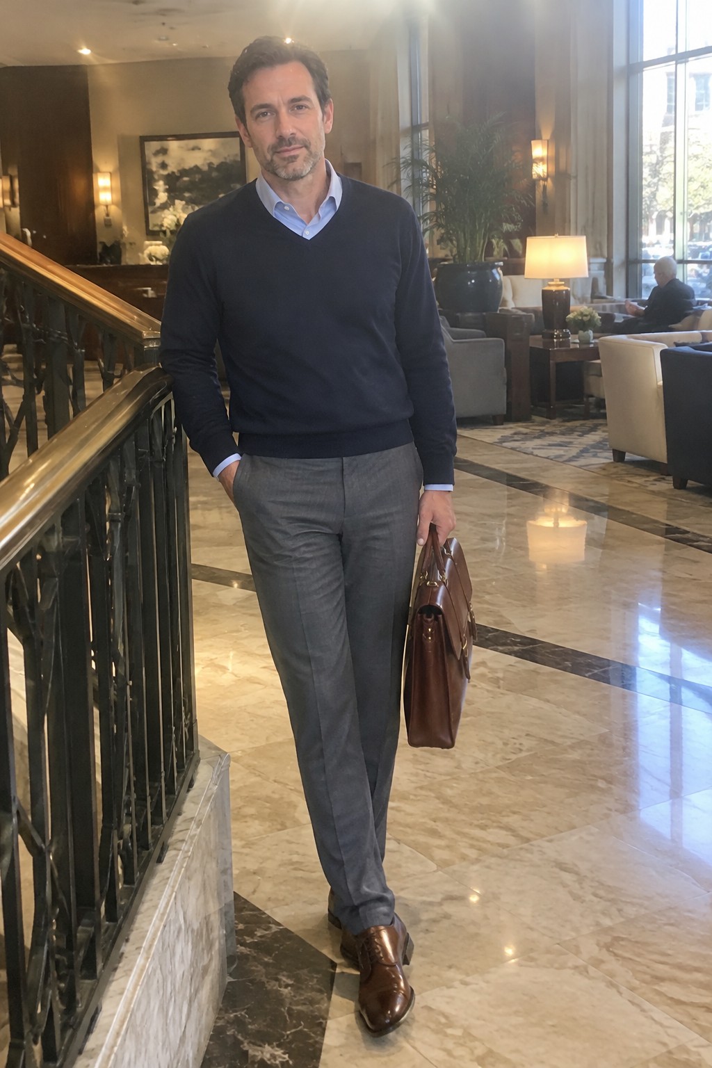 A man wearing a navy V-neck sweater over a light blue shirt, gray tailored trousers, brown leather shoes, and carrying a brown leather briefcase.