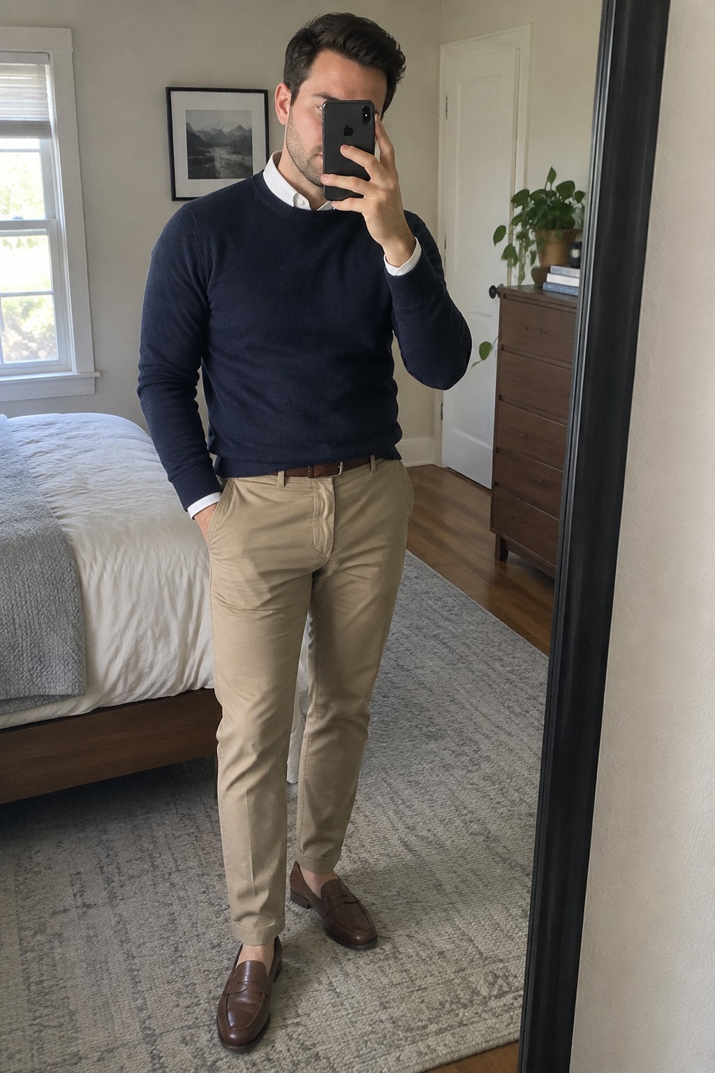 Man wearing a navy crewneck sweater over a white button-down shirt, khaki chinos, a brown leather belt, and brown penny loafers.