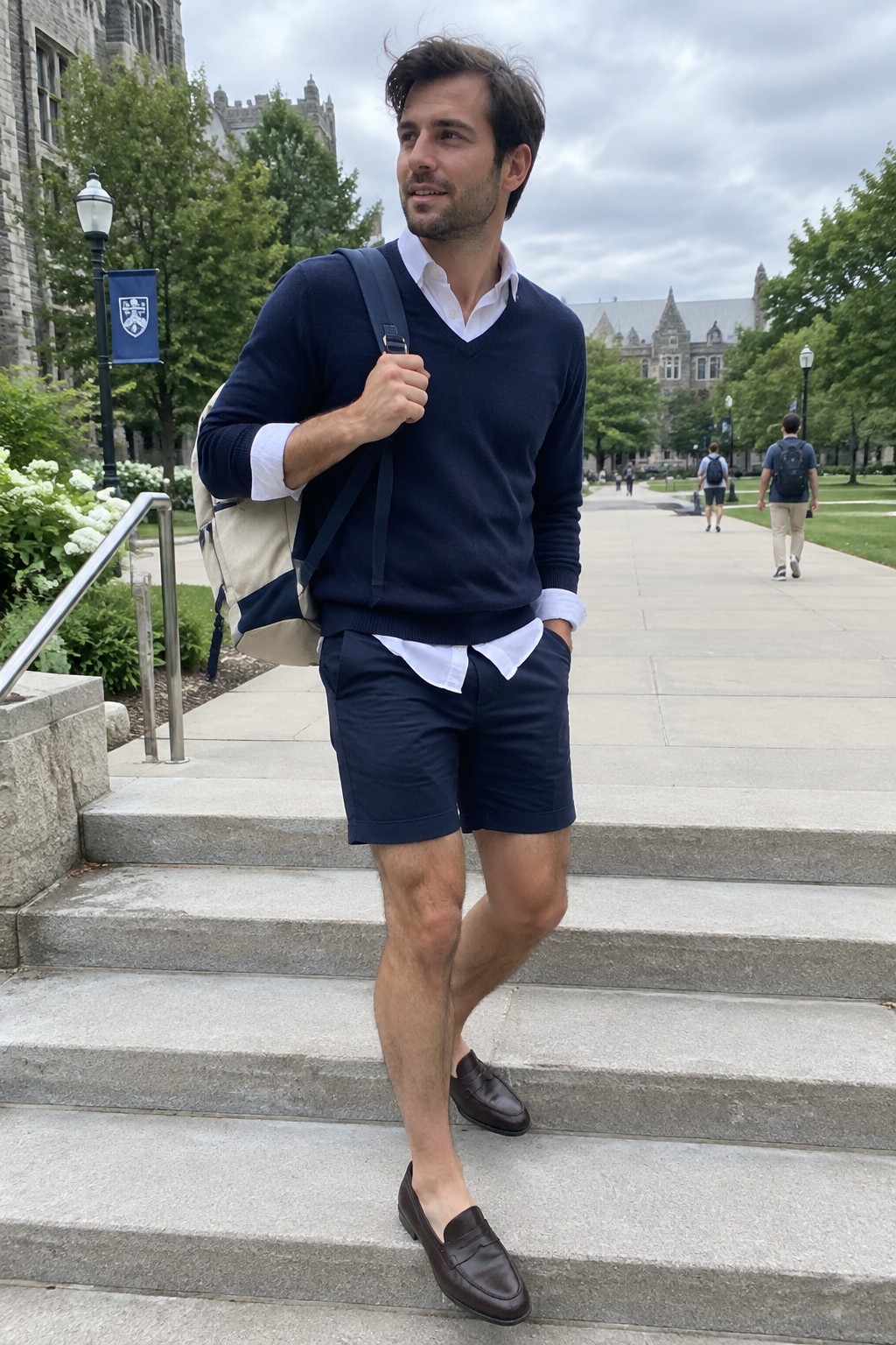 A man wearing a navy V-neck sweater over a white button-down shirt, navy tailored shorts, dark leather loafers, and a beige canvas shoulder bag.