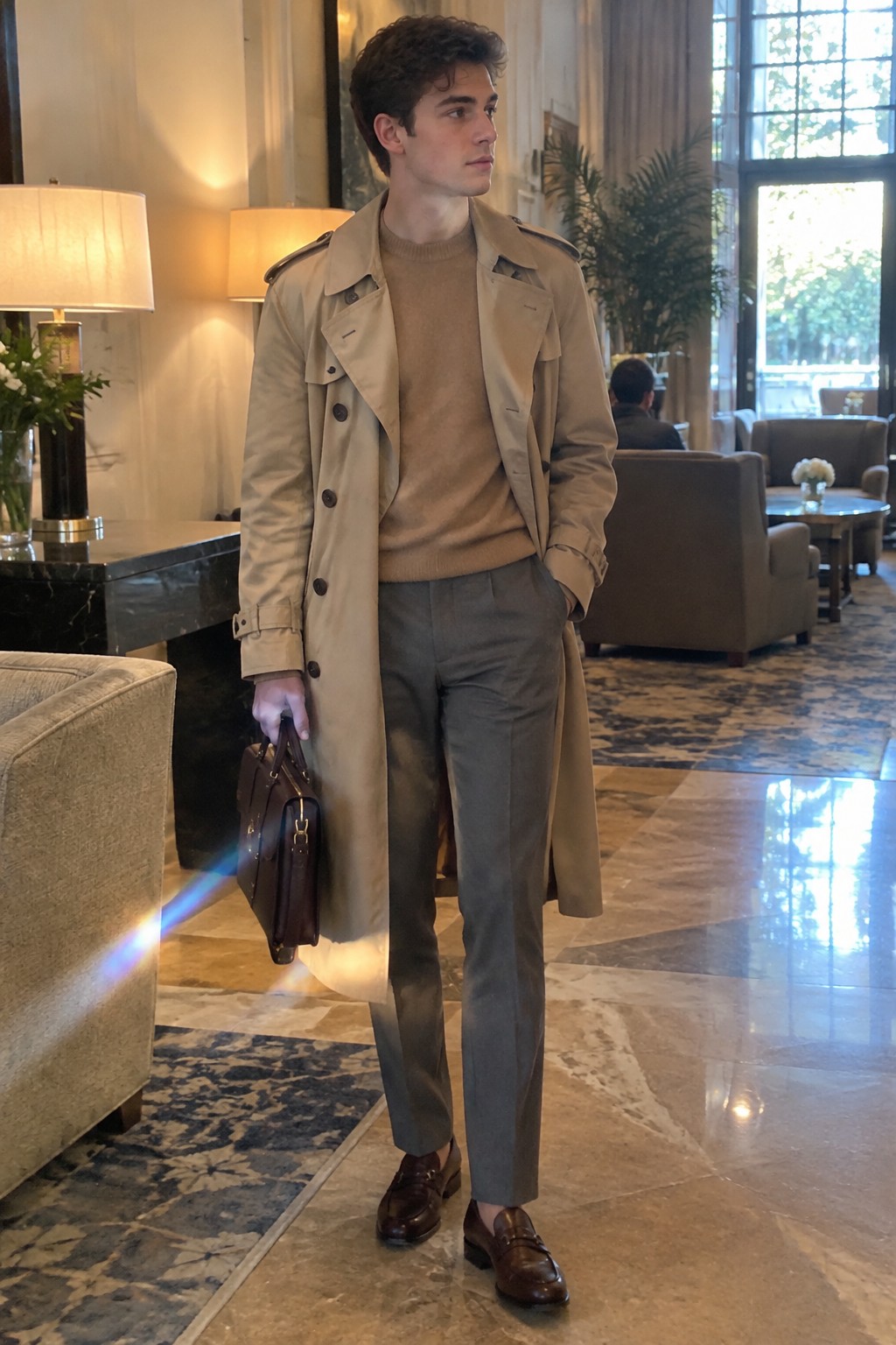 A young man wearing a beige double-breasted trench coat over a taupe sweater, grey tailored trousers, dark brown loafers, and carrying a brown leather briefcase.