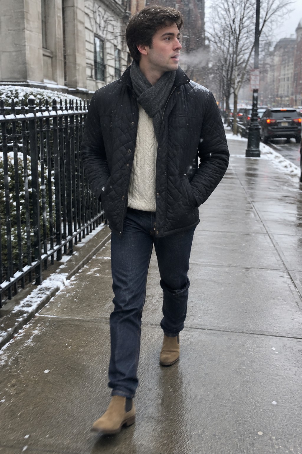 A man wearing a black quilted jacket over an ivory cable-knit sweater, a charcoal scarf, dark jeans, and tan Chelsea boots.