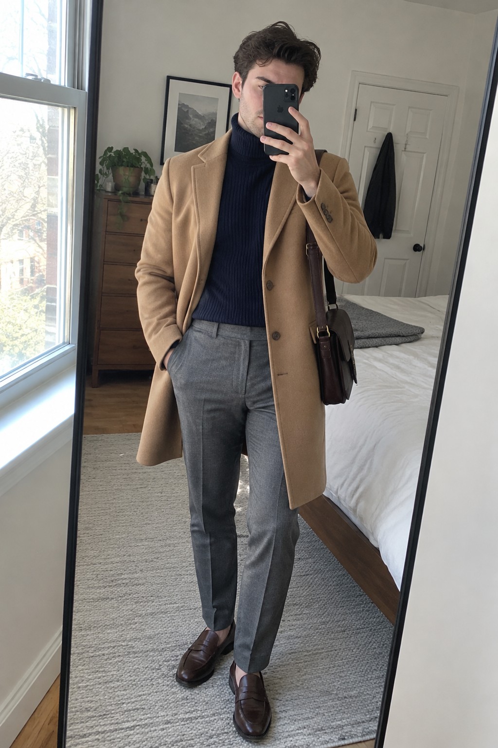 Man wearing a camel coat over a navy ribbed turtleneck, gray tailored trousers, brown penny loafers, and a dark brown leather crossbody bag.