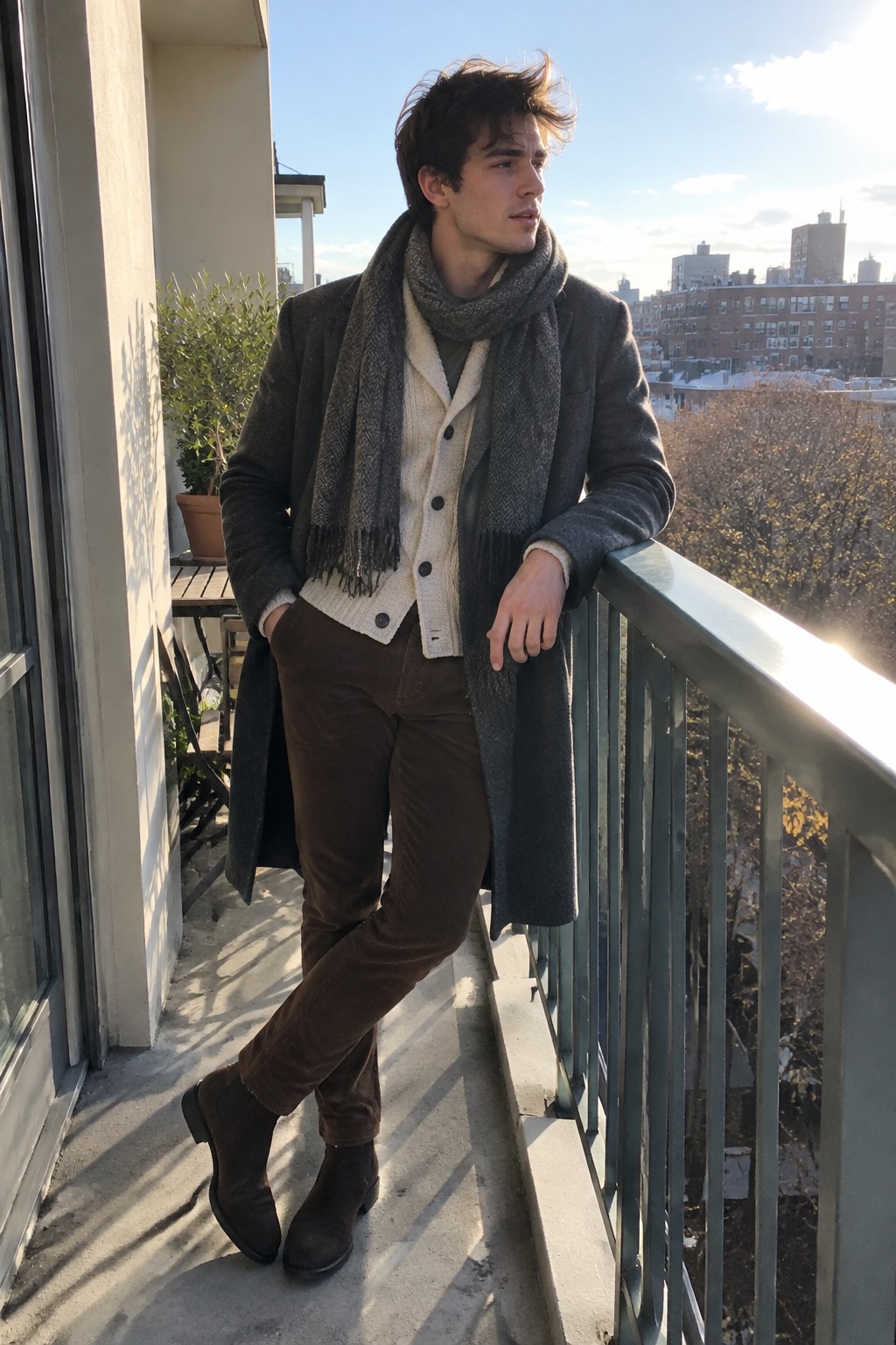 A man wearing a charcoal overcoat, gray scarf, cream cardigan, brown corduroy trousers, and black Chelsea boots.