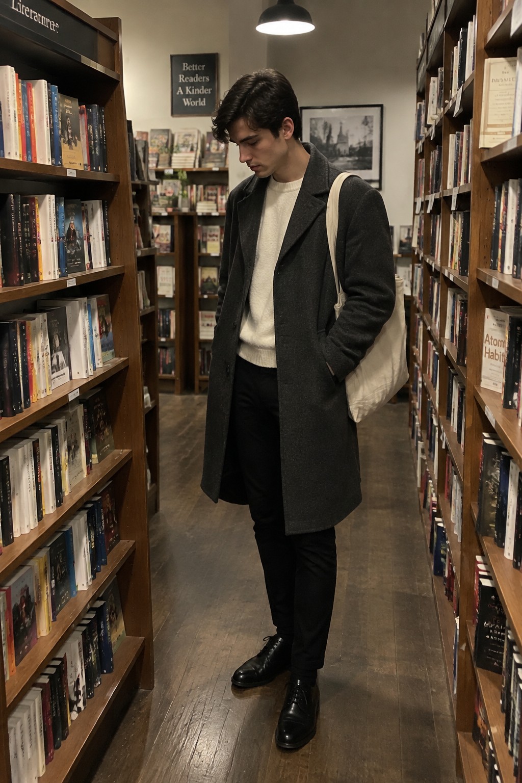 A young man wears a charcoal overcoat over a cream sweater with black trousers, black leather lace-up shoes, and an off-white canvas tote in a bookstore.