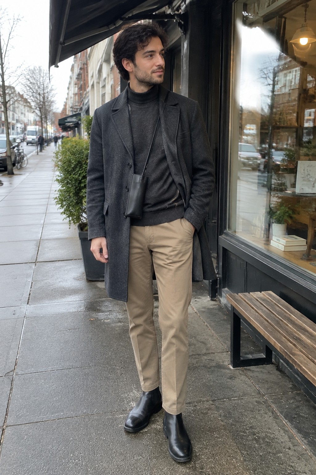 A man wearing a long charcoal overcoat, dark turtleneck, khaki chinos, black Chelsea boots, and a small black crossbody pouch.