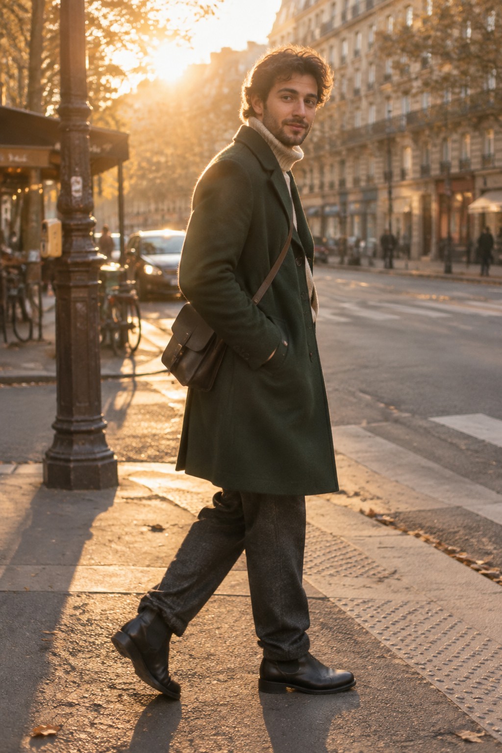 A man wearing a dark green overcoat over a cream turtleneck, charcoal trousers, black leather boots, and a brown crossbody bag.