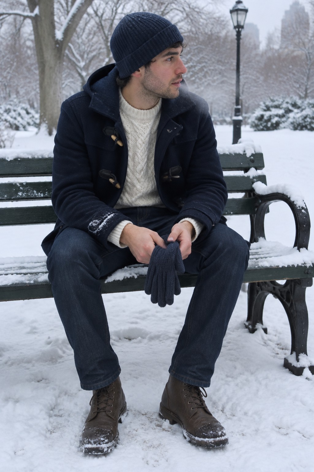 A man in a navy duffle coat, cream cable-knit sweater, dark jeans, navy beanie, and brown lace-up boots holds navy gloves.