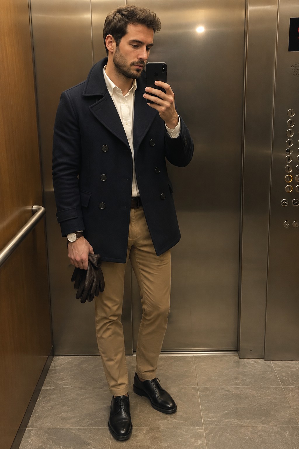 Man wearing a navy double-breasted peacoat over a white shirt, tan chinos, black leather lace-up shoes, a wristwatch, and brown gloves.