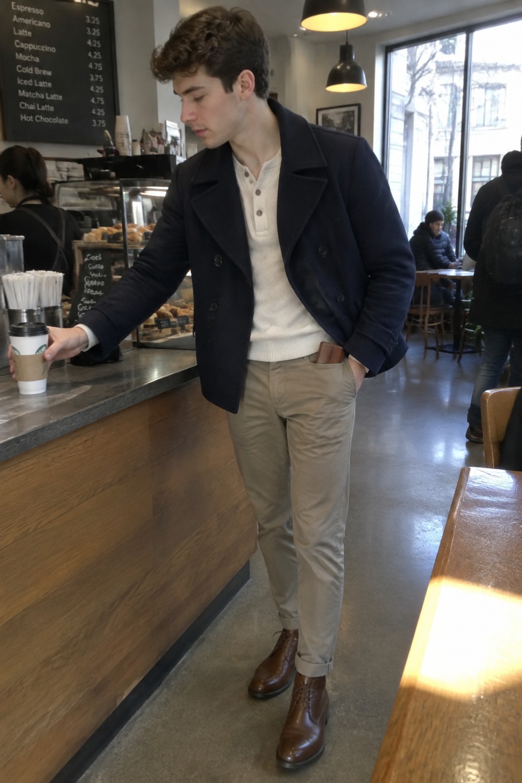 A man wearing a navy double-breasted peacoat over a cream henley, beige chinos, and brown leather ankle boots.