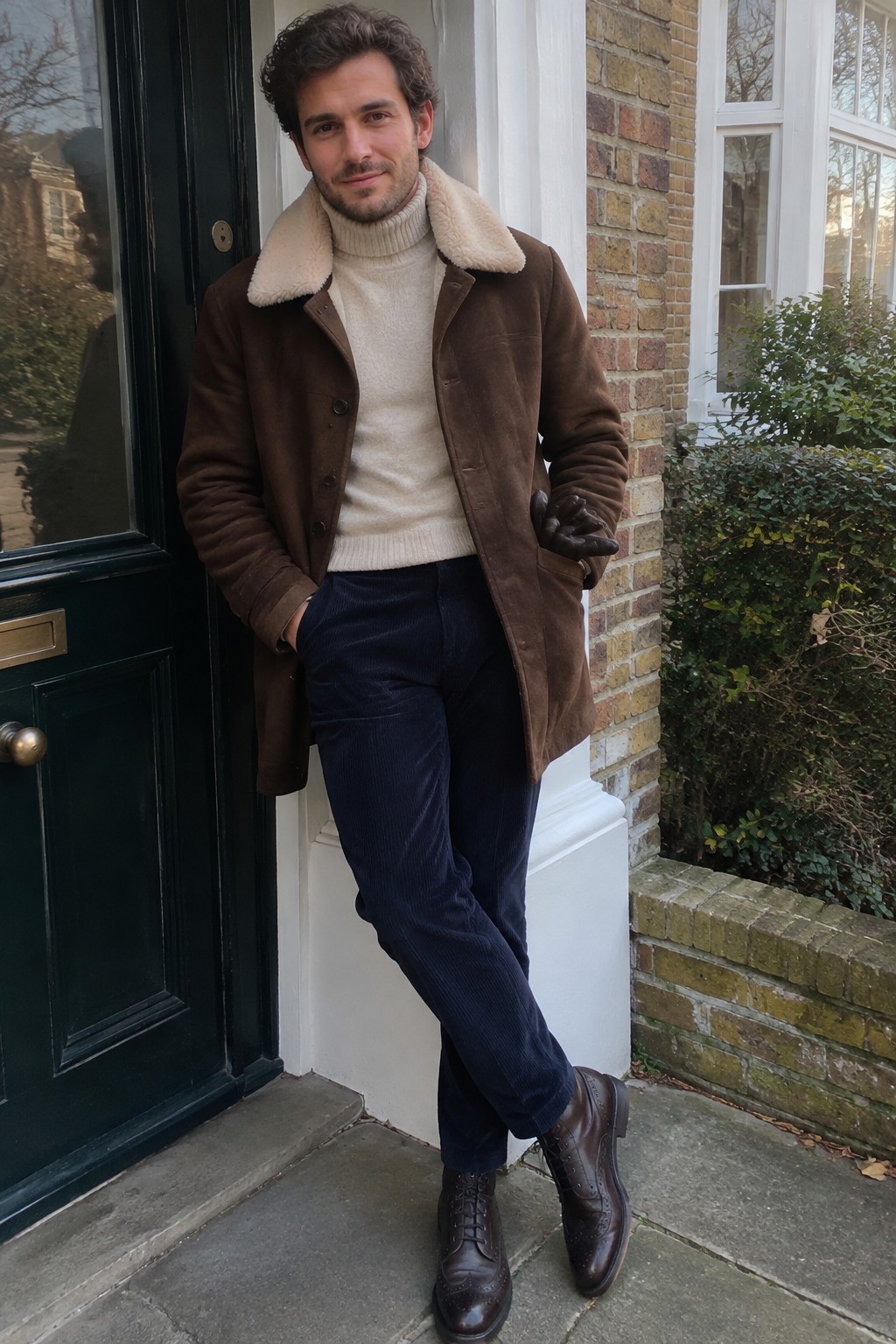 A man wearing a dark brown shearling-collar coat over a cream ribbed turtleneck, navy corduroy trousers, and brown leather brogue boots.