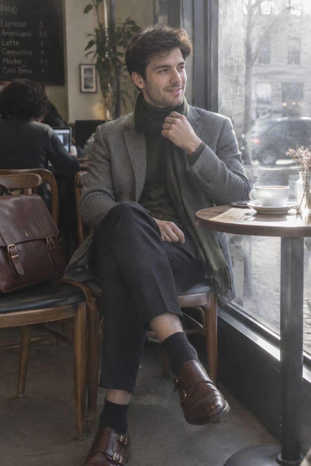 A man wearing a gray patterned blazer, olive turtleneck and scarf, cropped dark trousers, dark socks, and brown leather monk-strap shoes, seated with a matching brown satchel nearby.