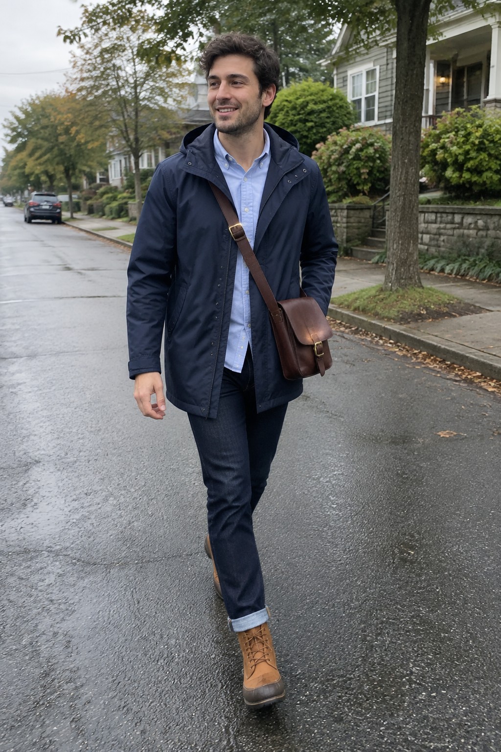 A man wears a navy hooded coat over a pale blue button-down shirt, dark cuffed jeans, tan leather boots, and a brown leather crossbody bag.