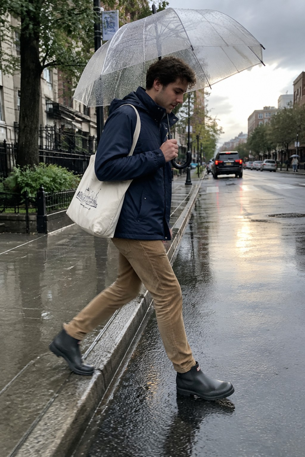 A man in a navy rain jacket, tan corduroy trousers, and black Chelsea boots carries a cream canvas tote and a clear umbrella.