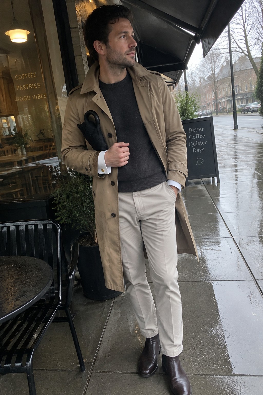 A man wearing a tan double-breasted trench coat over a charcoal sweater and white shirt, with cream trousers, dark brown Chelsea boots, and a black umbrella.