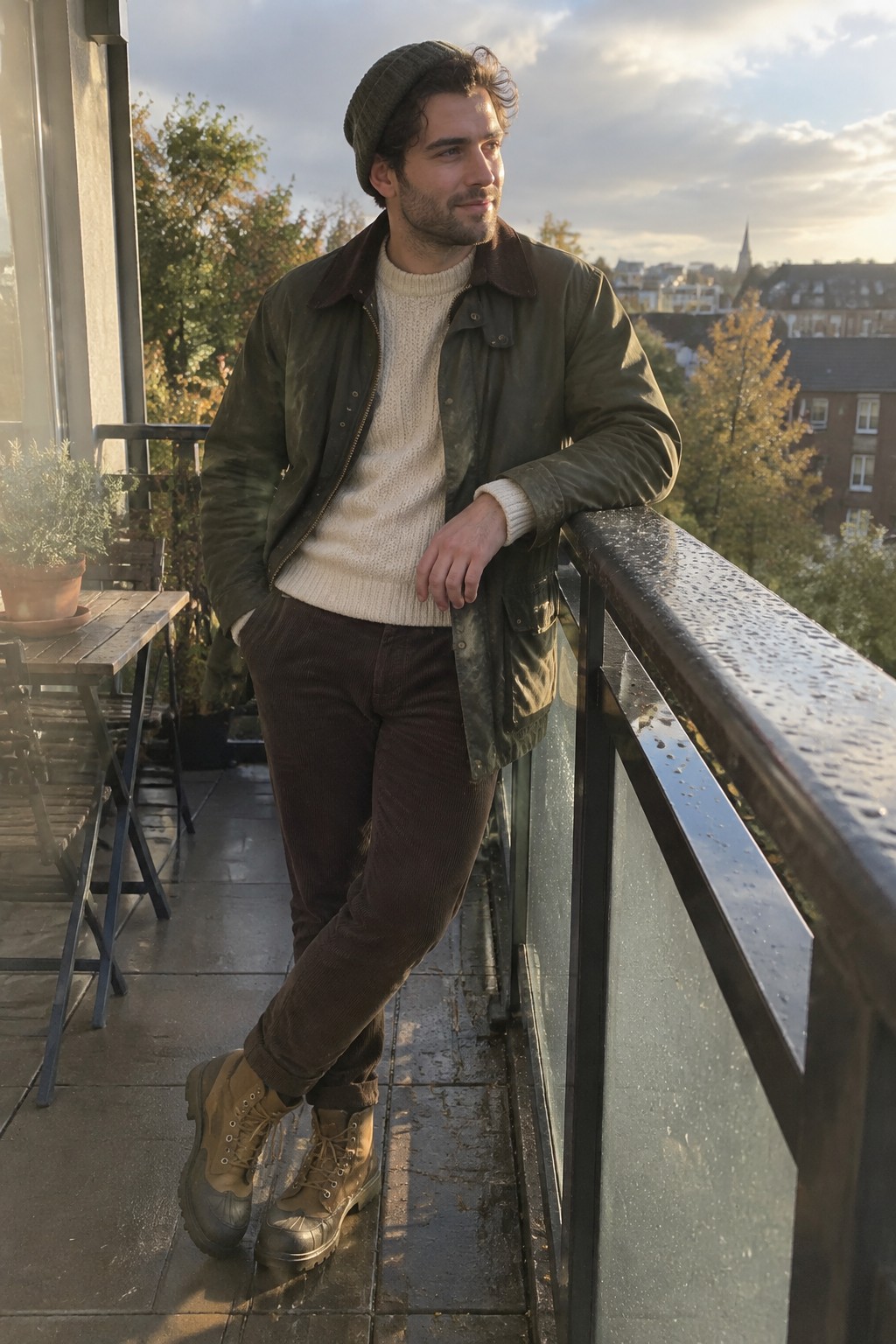 A man in a dark olive jacket, cream cable-knit sweater, brown corduroy trousers, gray beanie, and tan hiking boots.