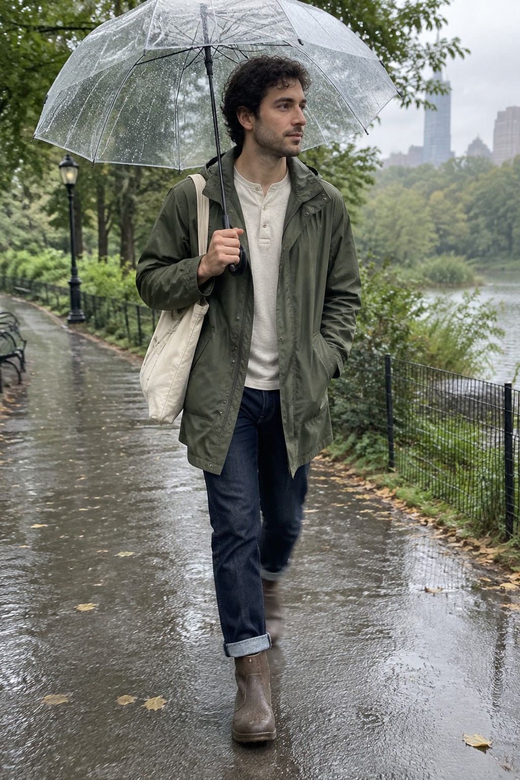A man in an olive raincoat, cream henley, cuffed dark jeans, brown boots, and a light canvas shoulder bag, holding a clear umbrella.
