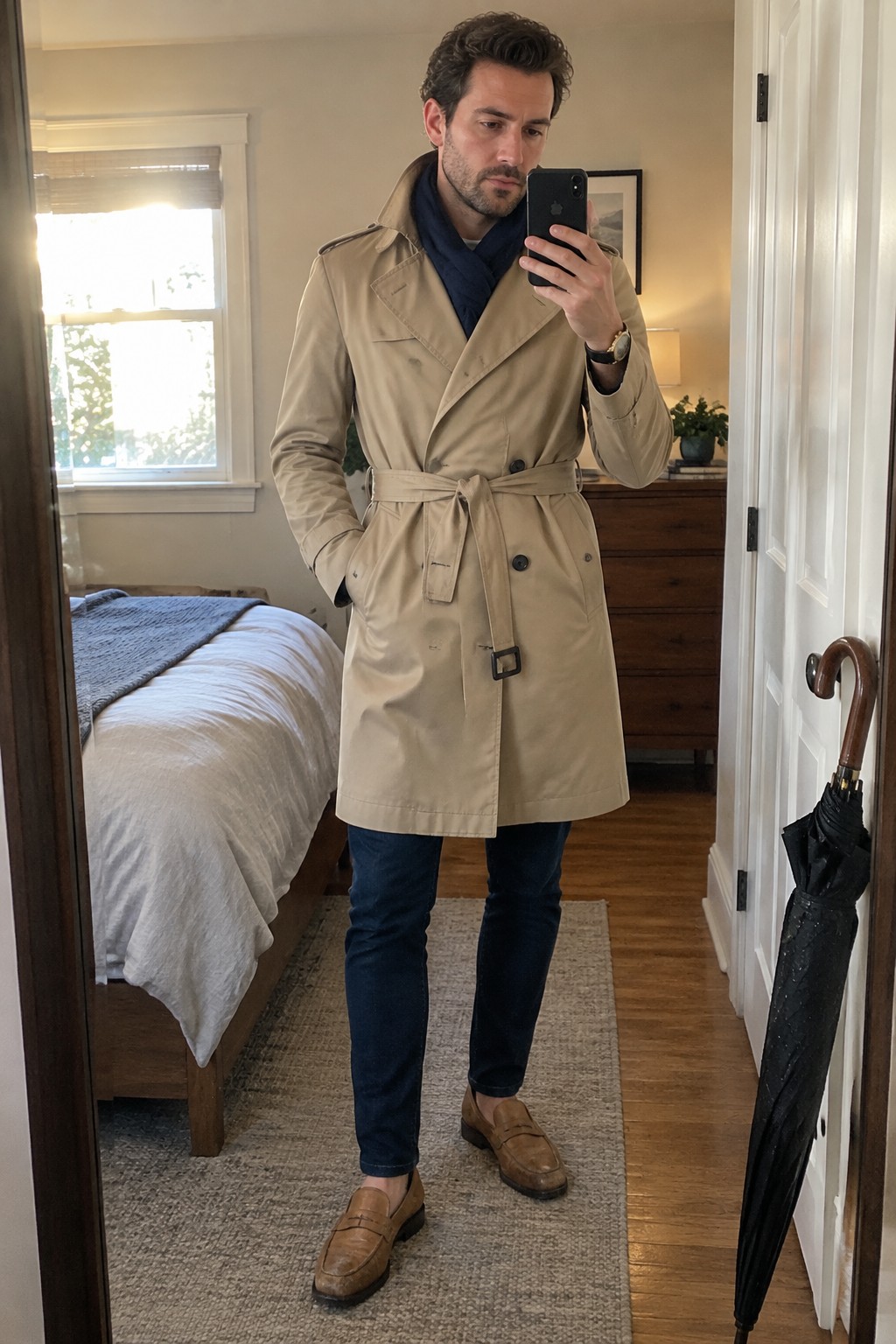 A man wearing a beige belted trench coat, navy scarf, dark jeans, brown leather loafers, and a wristwatch.