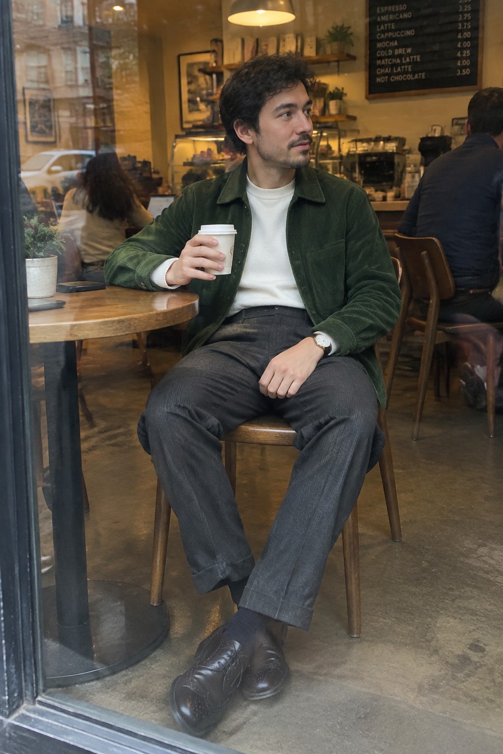A man wearing a dark green corduroy jacket, white sweater, charcoal high-rise trousers, brown lace-up shoes, and a wristwatch.