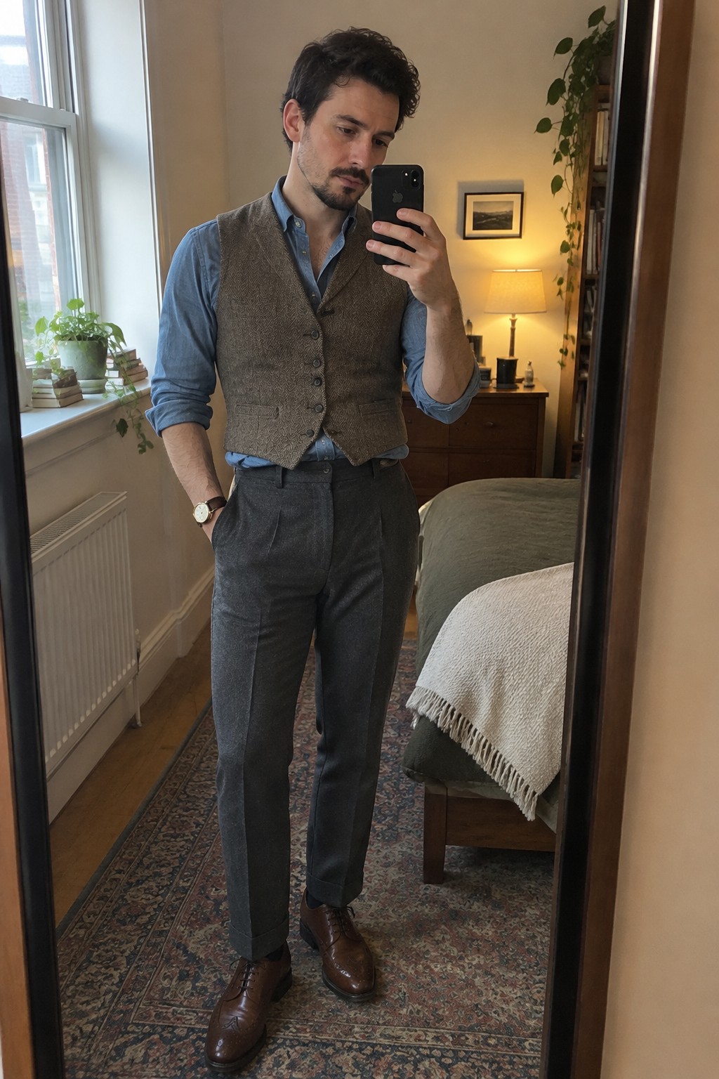 A man wearing a brown tweed waistcoat over a blue shirt, charcoal high-rise cuffed trousers, a wristwatch, and brown brogue shoes.