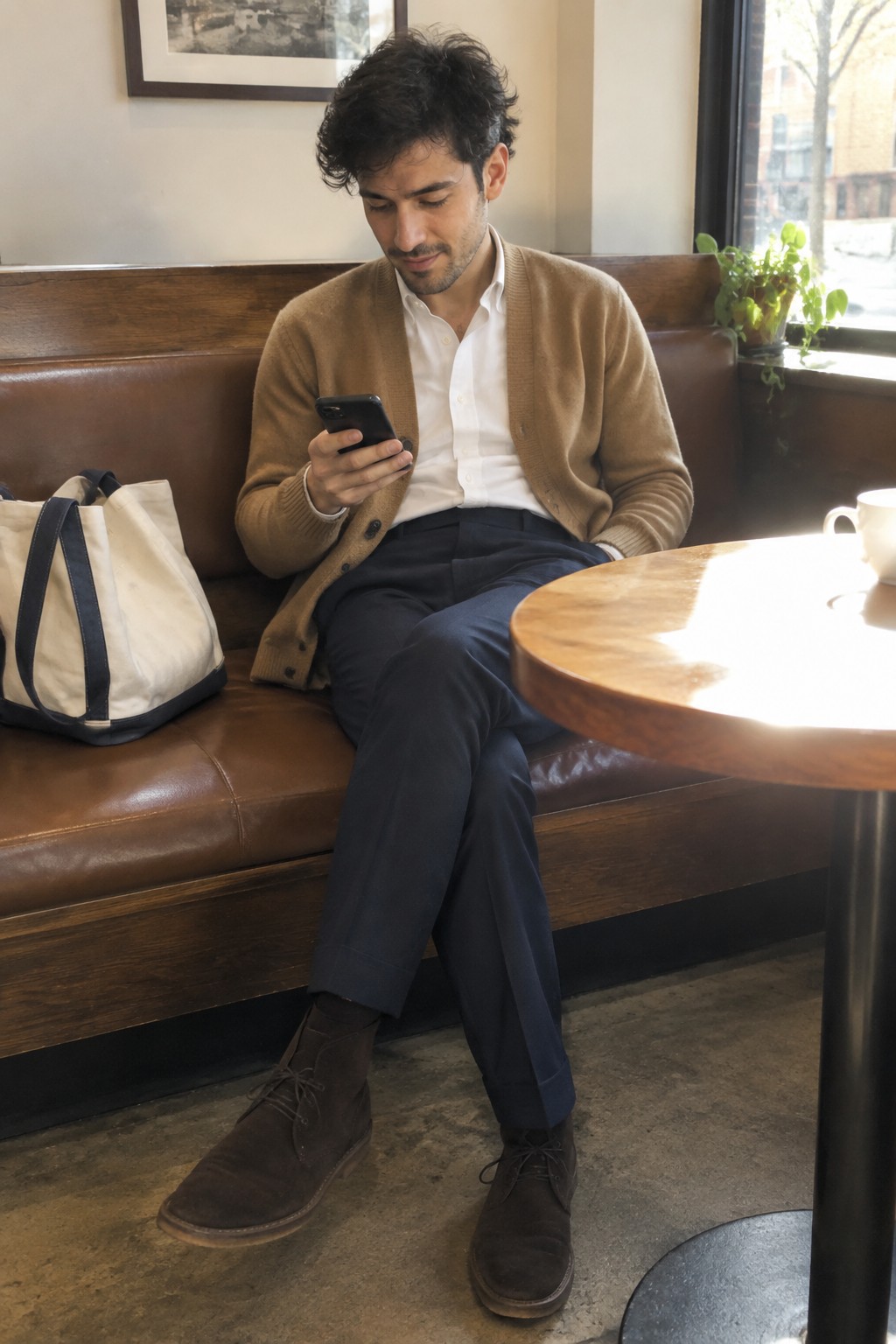 A man wearing a camel cardigan, white shirt, navy high-rise trousers, and dark brown suede lace-up boots.