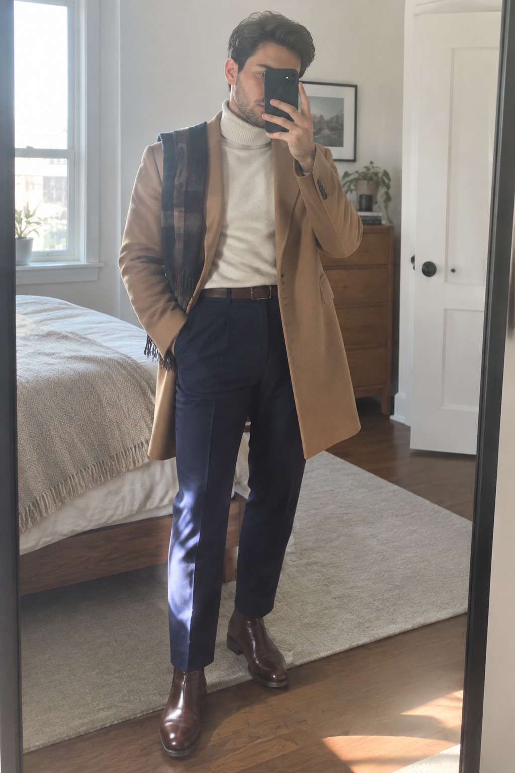 Man wearing a camel overcoat, cream turtleneck, navy high-rise trousers, dark plaid scarf, and brown leather ankle boots.