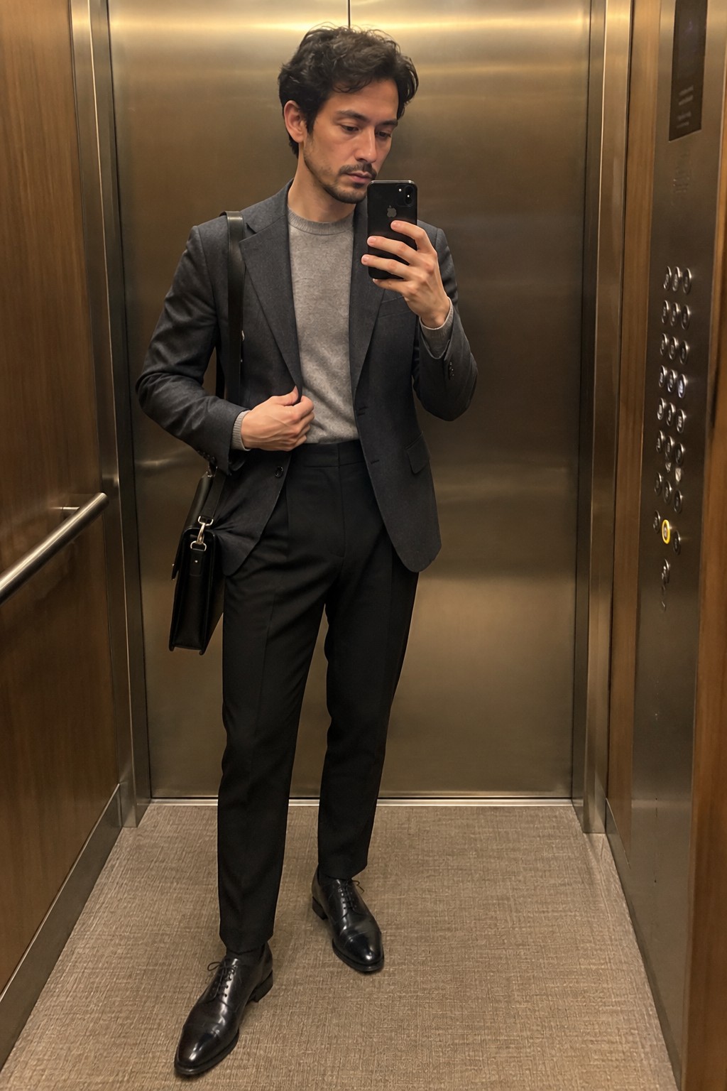 A man wearing a charcoal blazer over a gray crewneck sweater, black high-rise trousers, black lace-up shoes, and a black shoulder bag.