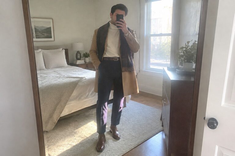 20 Proportion-Conscious Old Money Winter Outfits for Petite Men Using High-Rise Trousers Man wearing a camel overcoat, cream turtleneck, navy high-rise trousers, dark plaid scarf, and brown leather ankle boots.