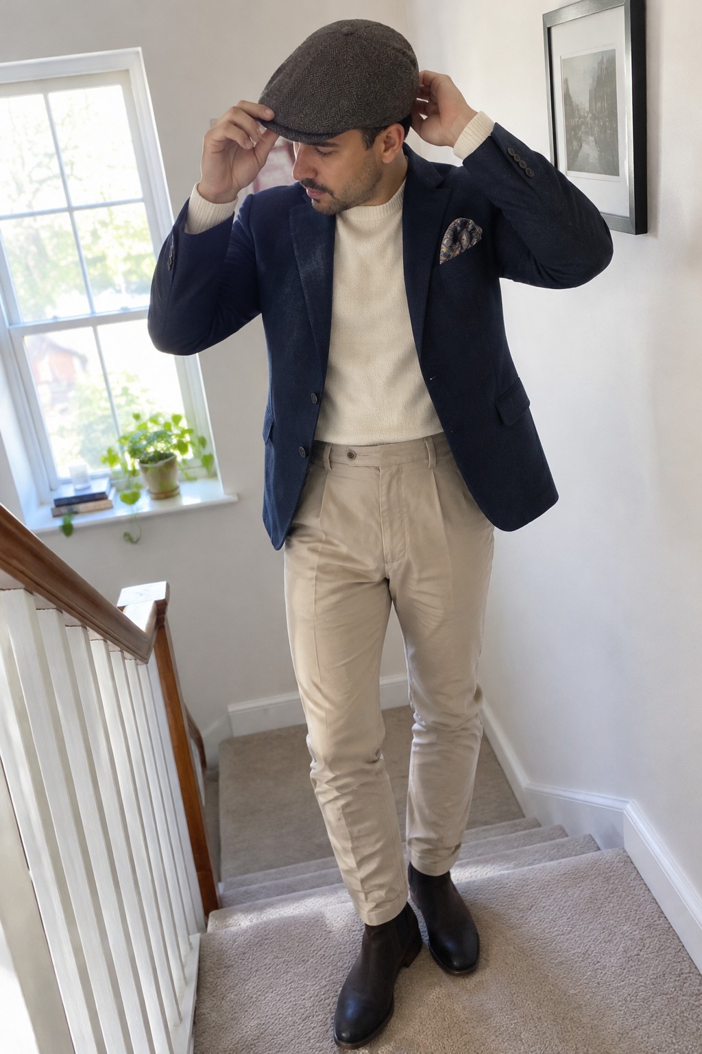 A man wearing a brown tweed flat cap, navy blazer, cream sweater, beige high-rise trousers, patterned pocket square, and black ankle boots on a staircase.