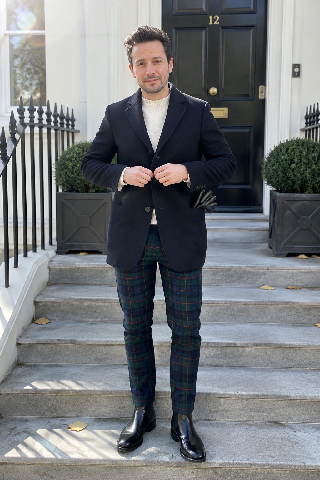A man wears a navy blazer over a cream sweater with green and navy tartan high-rise trousers and black Chelsea boots.