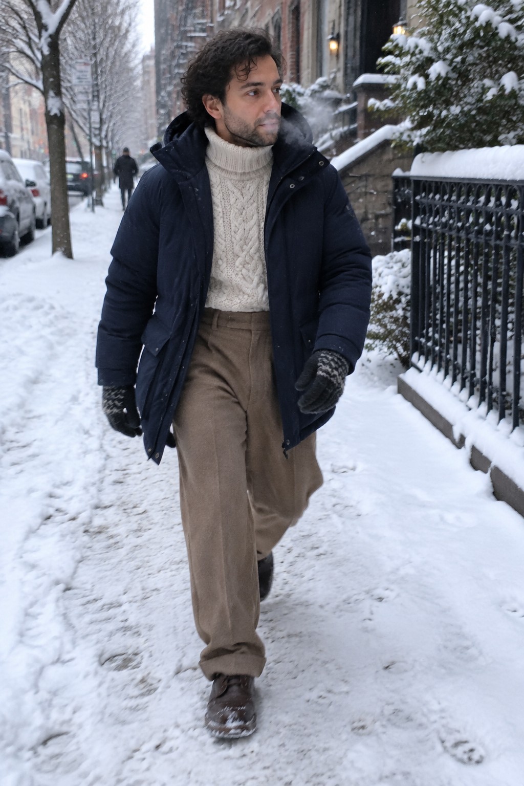 A man wearing a navy parka over a cream cable-knit turtleneck, high-rise taupe trousers, dark gloves, and brown lace-up boots.