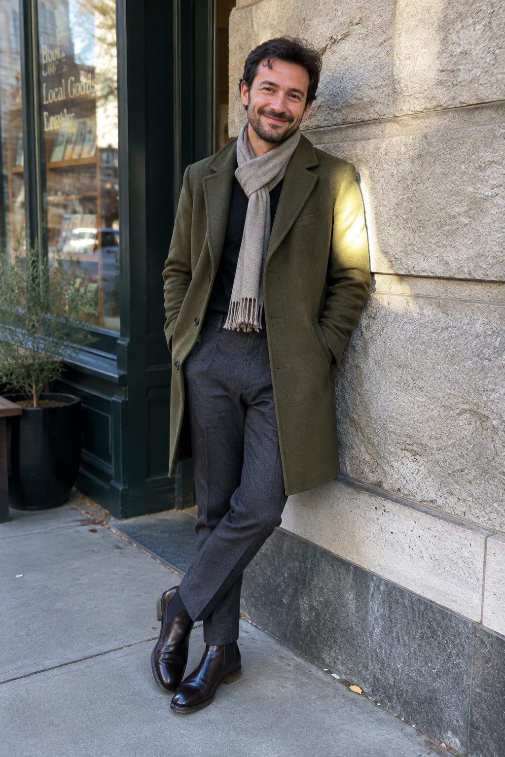 A man wearing an olive overcoat over a black sweater, a light gray scarf, charcoal high-rise trousers, and dark brown Chelsea boots.