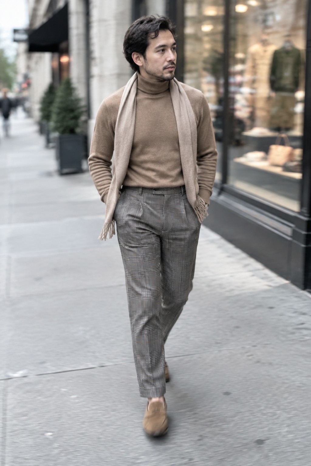 A man wearing a brown turtleneck, light taupe scarf, gray plaid high-rise trousers, and tan suede loafers.