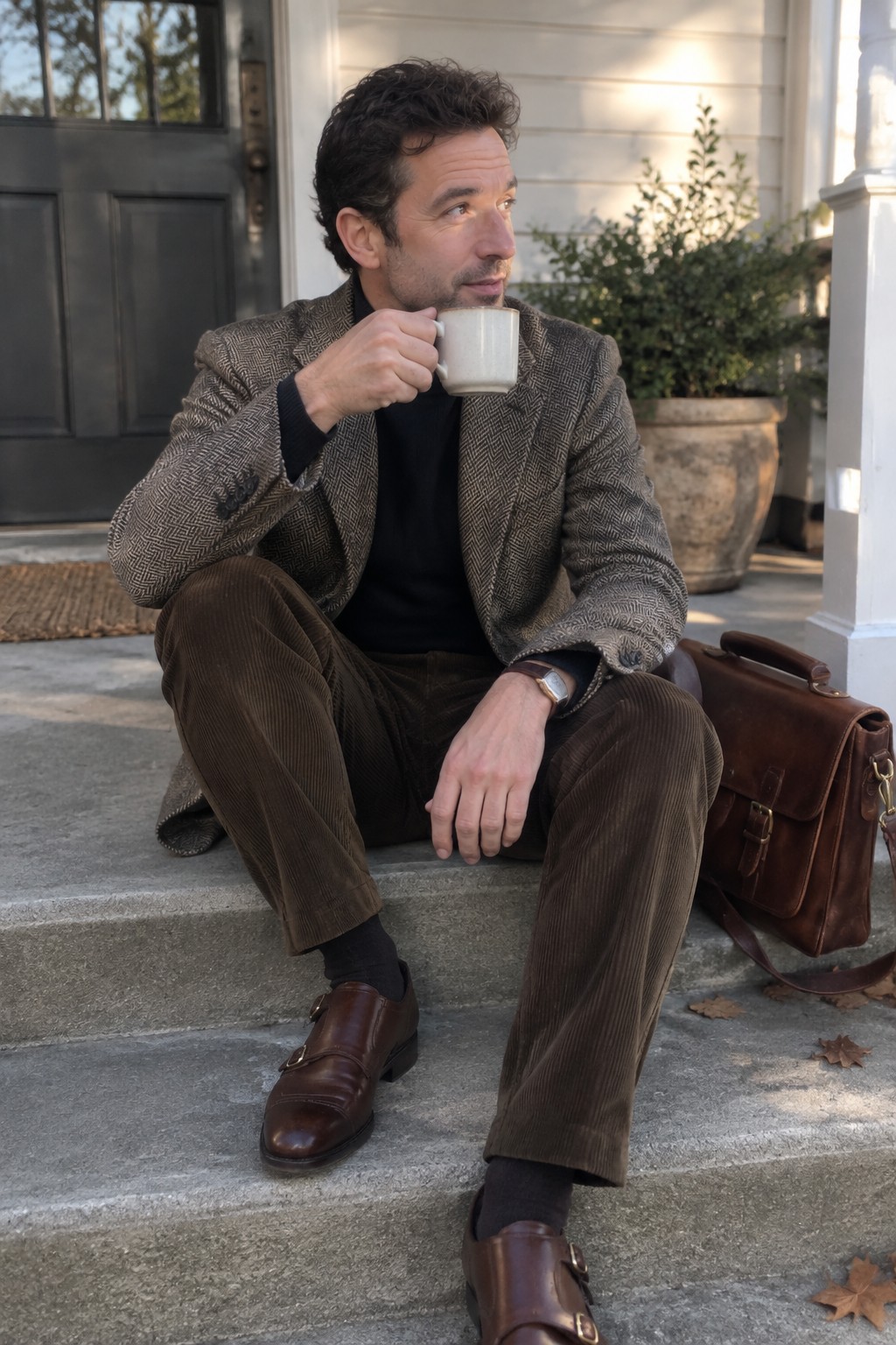 A man seated on steps wearing a brown herringbone tweed blazer, black crewneck sweater, high-rise brown corduroy trousers, dark socks, brown double monk-strap shoes, and a wristwatch.