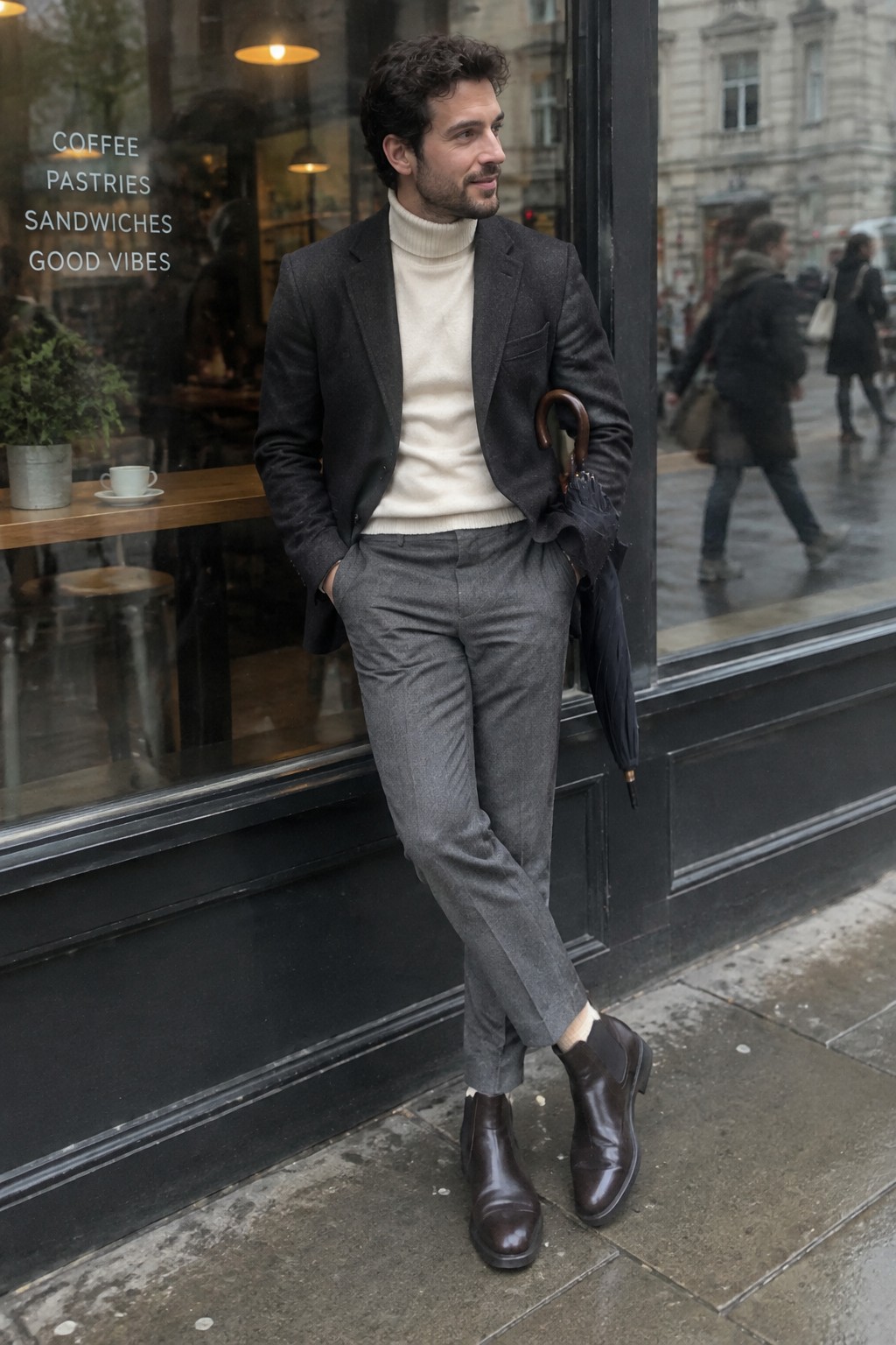 A man wears a charcoal blazer over a cream turtleneck with gray cropped trousers and dark brown Chelsea boots, holding a folded umbrella.