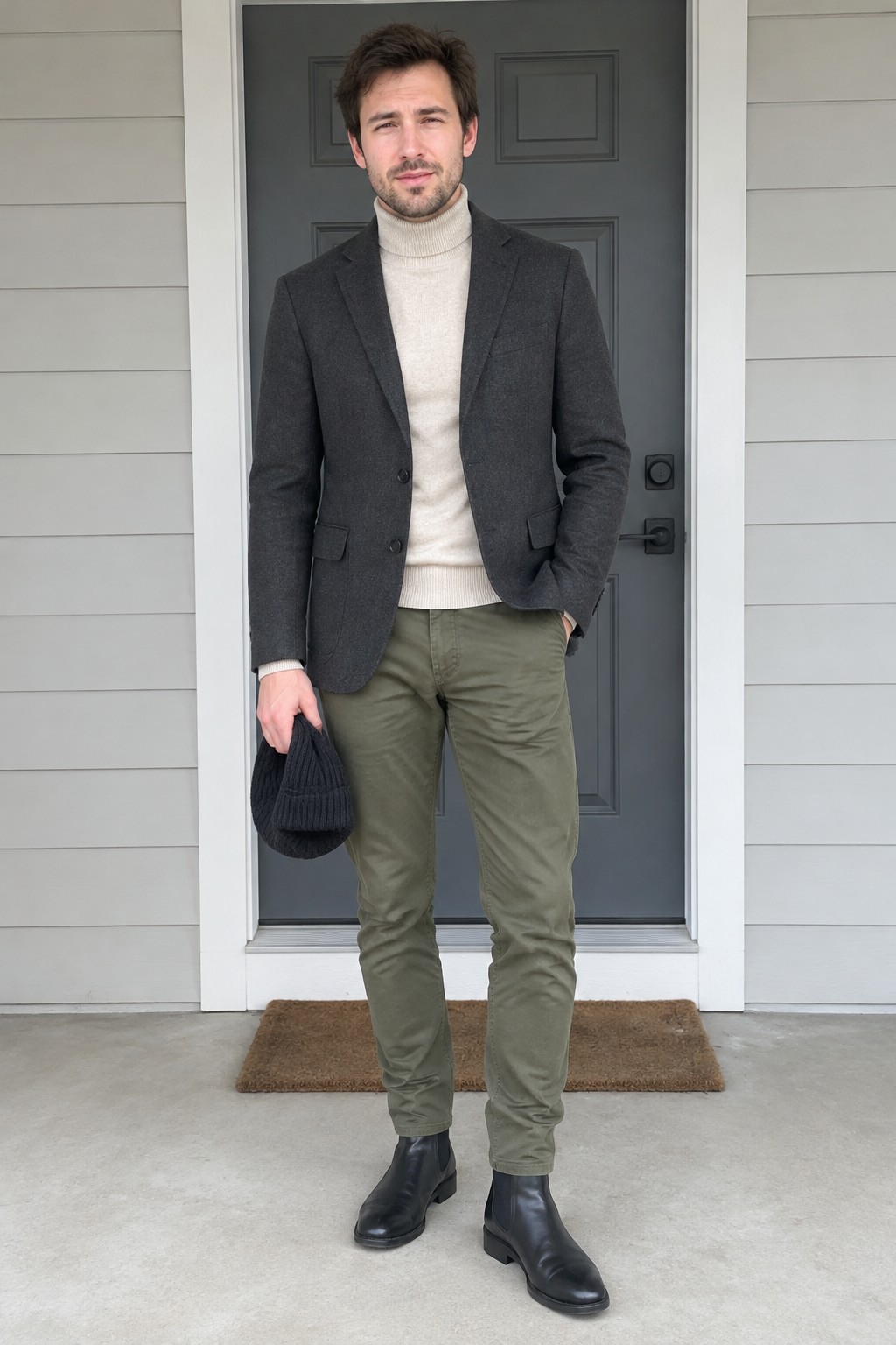 A man wearing a charcoal blazer over a cream turtleneck, olive chinos, and black Chelsea boots, holding a dark knit beanie.