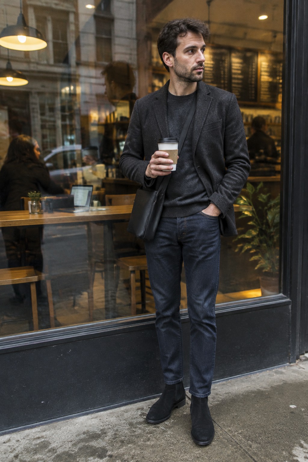 A man wears a charcoal blazer over a dark gray sweater with dark indigo jeans, black Chelsea boots, and a black crossbody bag.