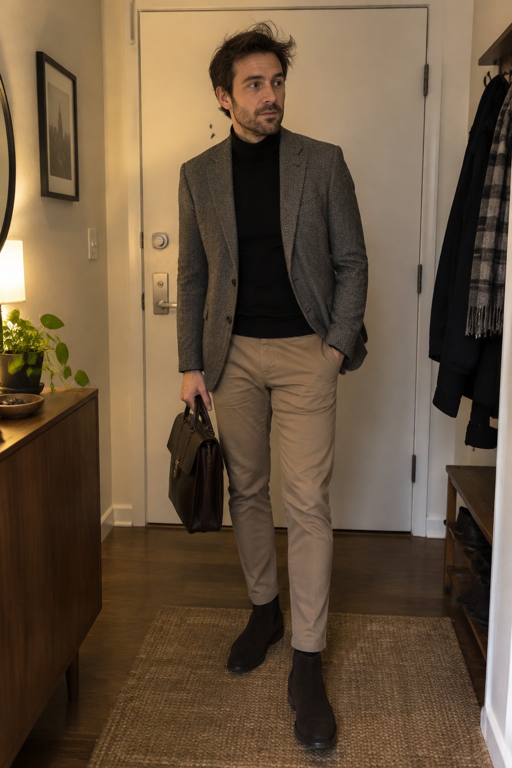 Man wearing a gray-brown herringbone blazer over a black turtleneck, tan chinos, and black Chelsea boots, carrying a dark leather briefcase.