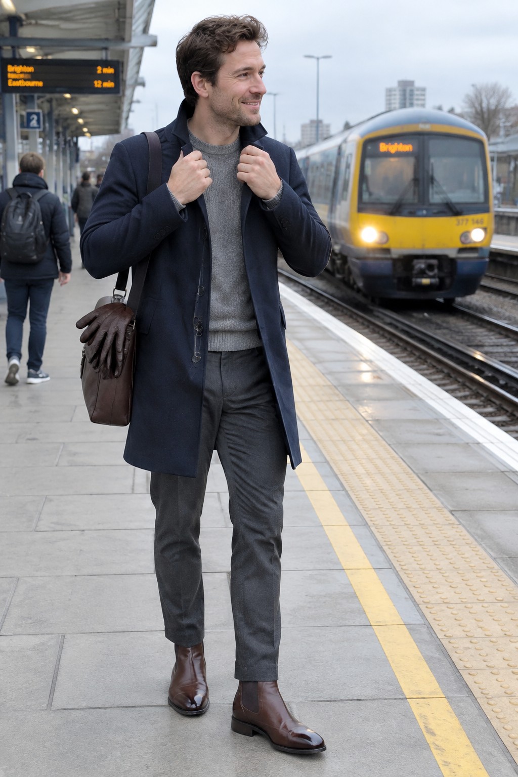 Man wearing a navy overcoat, gray sweater, charcoal trousers, brown Chelsea boots, and carrying a brown leather shoulder bag on a train platform.