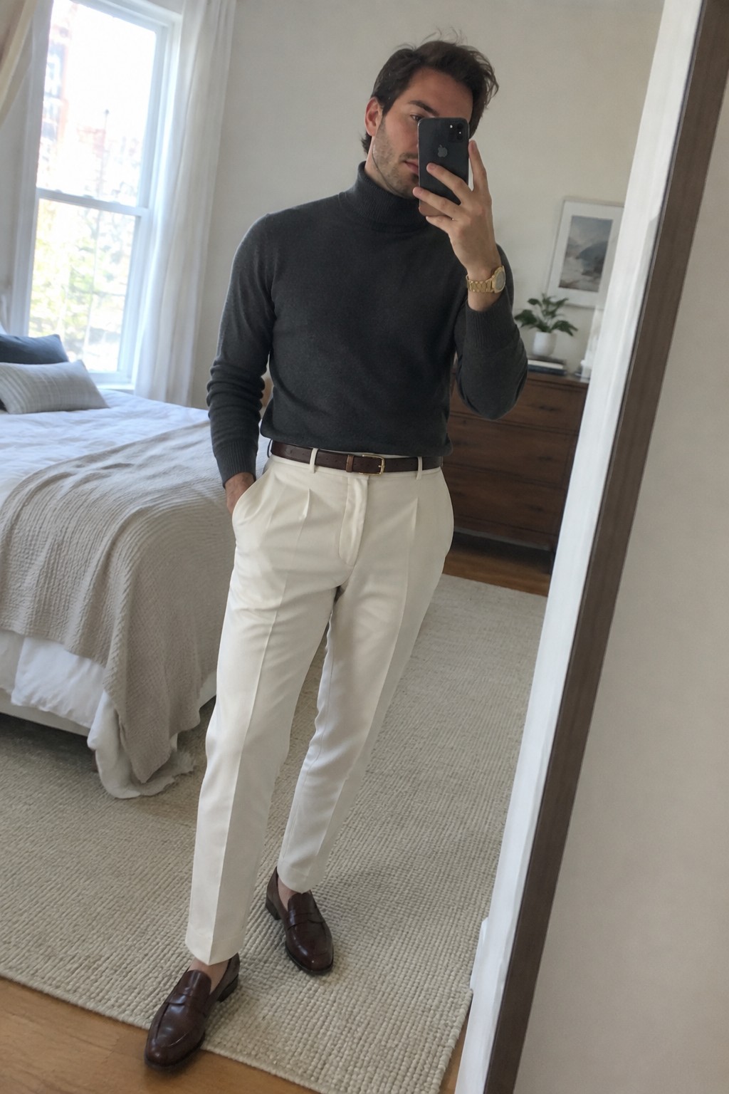 A man wearing a charcoal turtleneck tucked into cream pleated trousers with a brown leather belt, gold watch, and dark brown loafers.