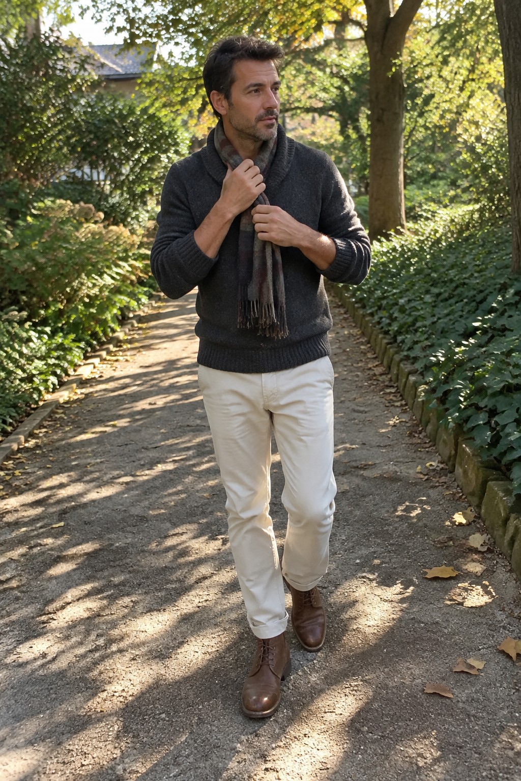 A man wearing a charcoal shawl-neck sweater, muted plaid scarf, cream trousers with rolled cuffs, and brown lace-up boots.