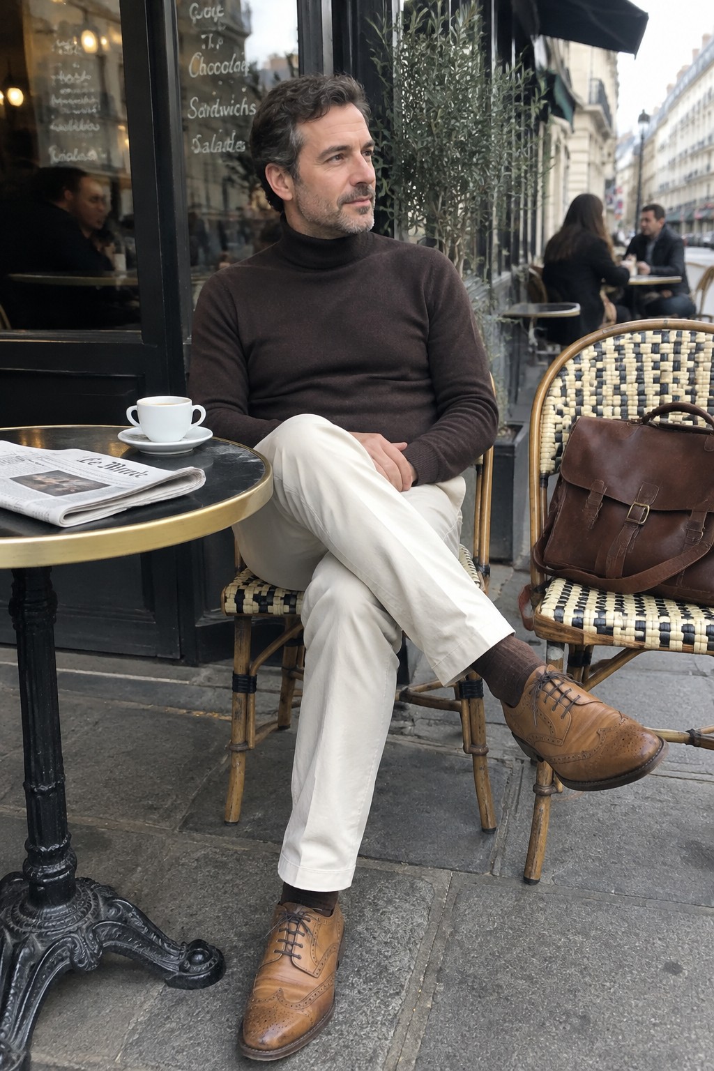 A man wearing a dark brown turtleneck, cream trousers, dark socks, and brown brogues, seated with a brown leather satchel on the chair beside him.